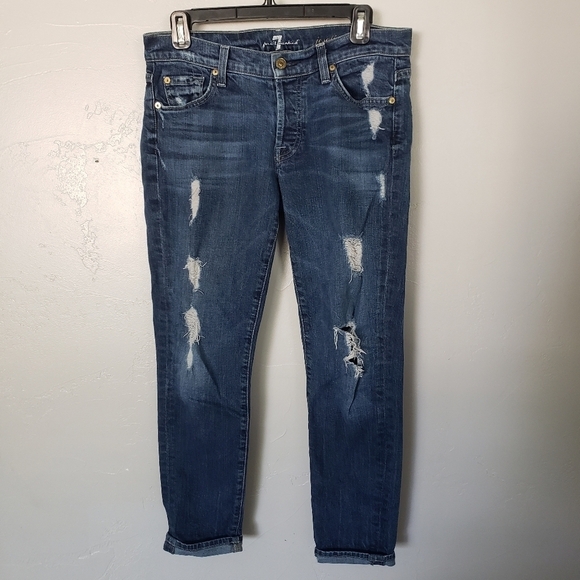 7 For All Mankind 7FAM 27 Josefina Boyfriend Jeans Distressed Denim Medium Wash - Picture 1 of 8